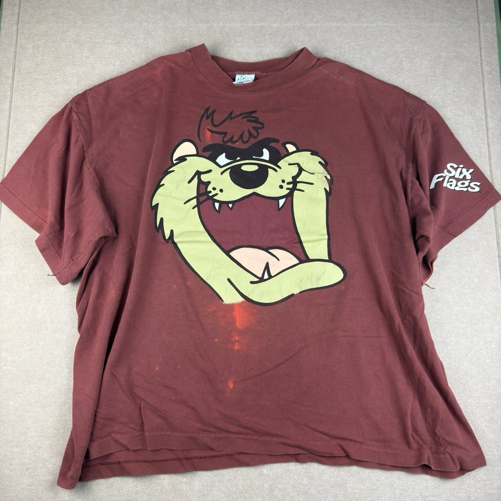 Vintage Six Flags Taz Mania‎ Shirt Mens XXL Maroon Looney Tunes Promo Tee SS USA